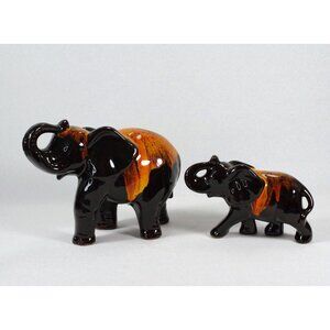 Mother and Baby Drip Glaze Elephants Raised Trunk Evangeline Canuck Pottery